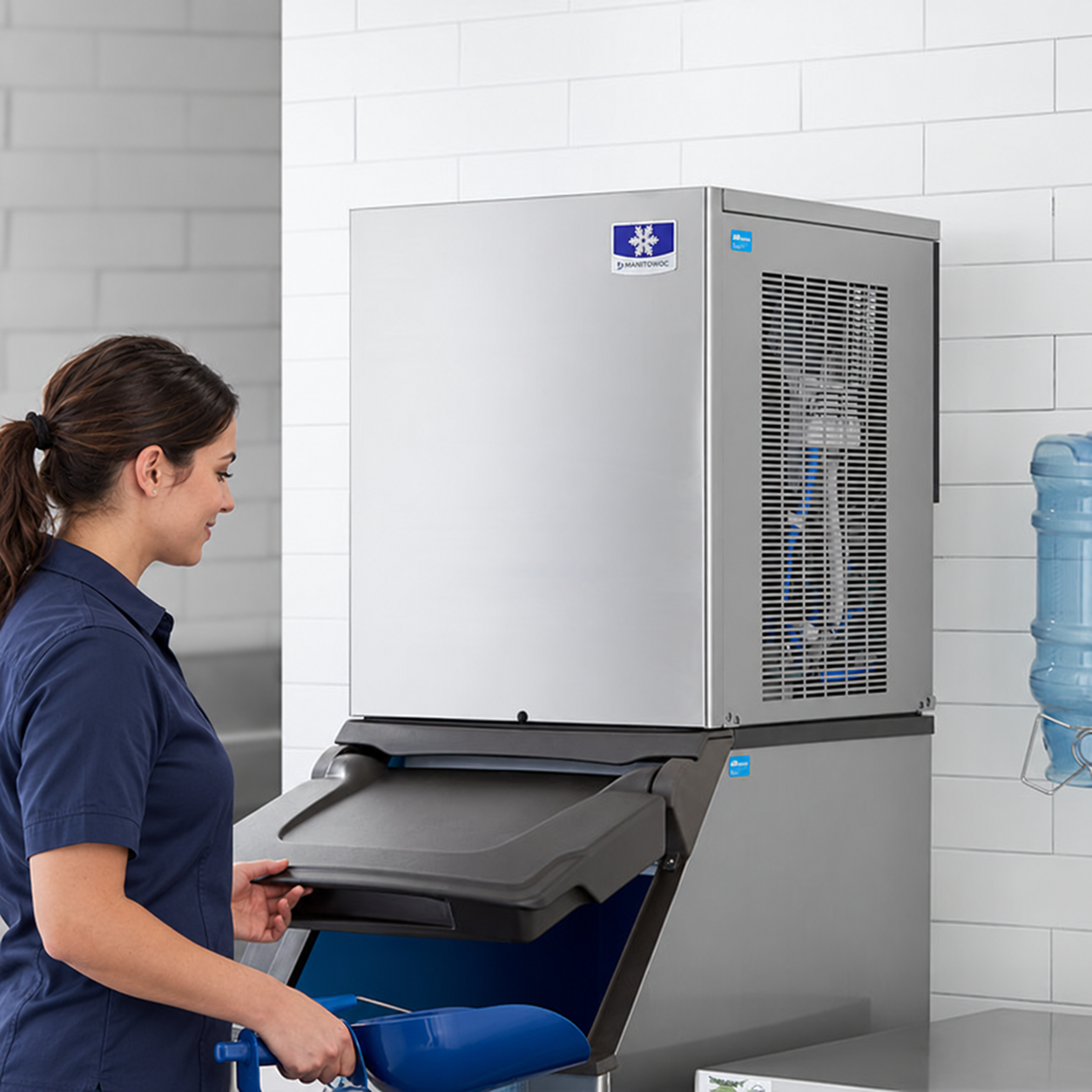 Woman collecting ice from a Manitowoc commercial ice machine and bin